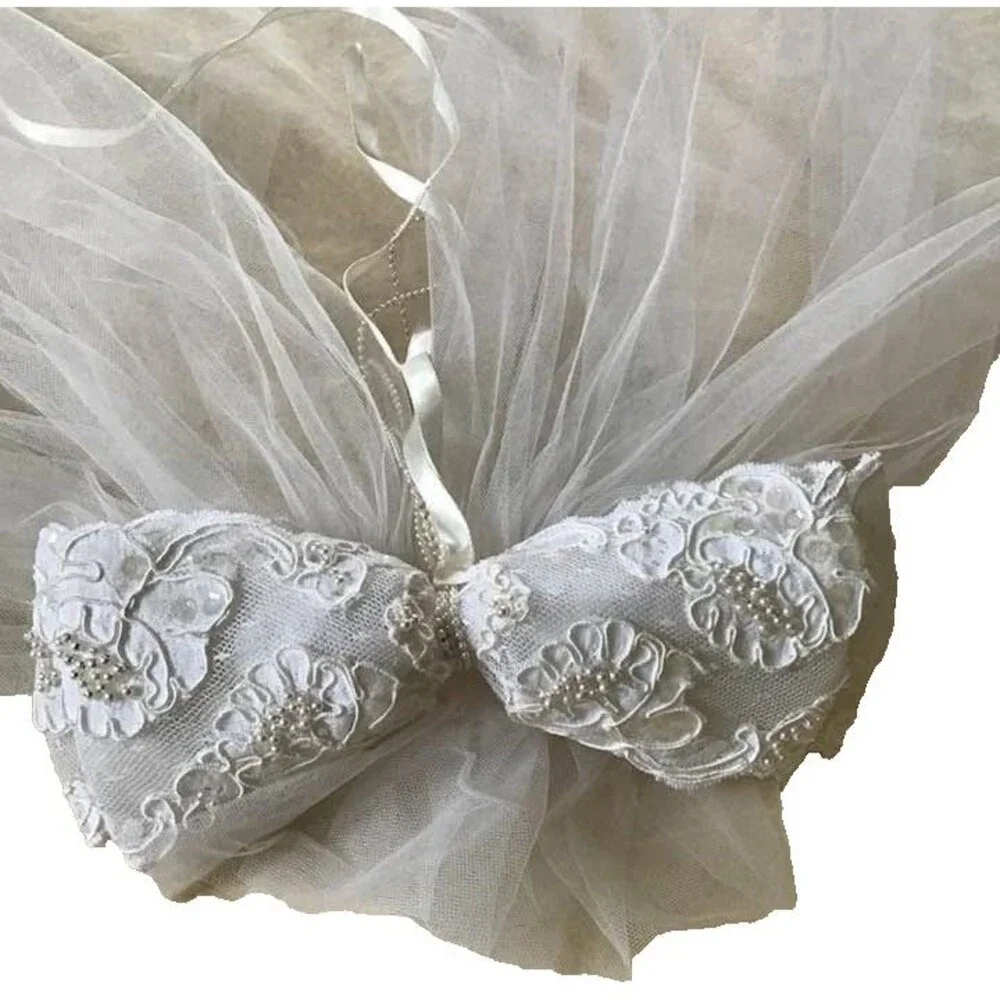 Halloween Costume Wedding Veil Ivory Bow Tulle Beads Half Length Bride Dress Up